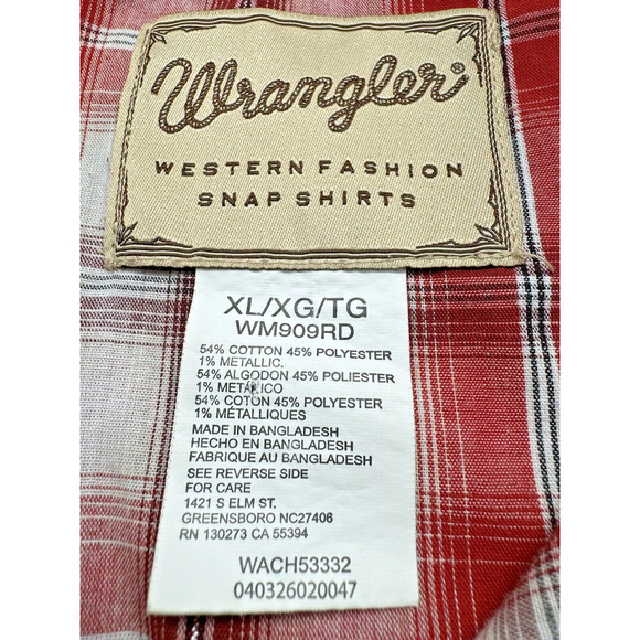 Wrangler Western Shirt Men's Size XL Pearl Snap Red Metallic Plaid Country Fit‎ - Picture 3 of 4